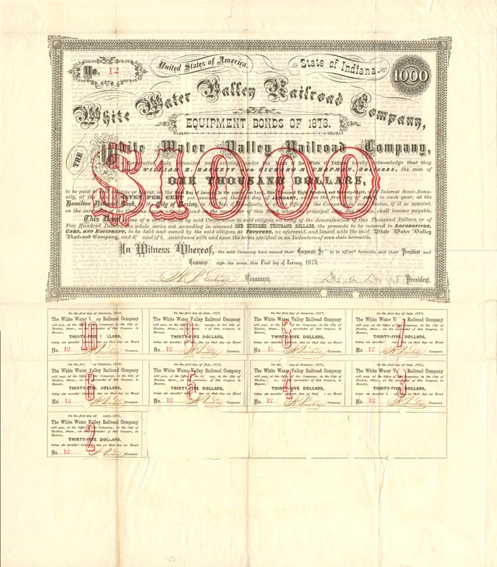 White Water Valley Railroad Co. - $1,000 7% Railway Bond